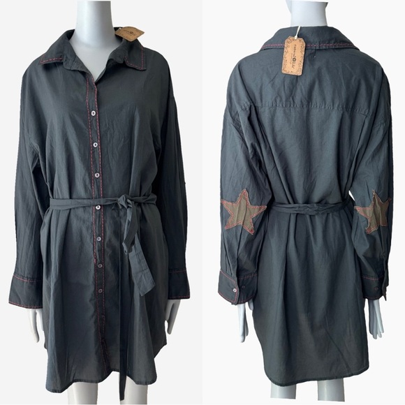 NWT NATURAL LIFE Cotton Button Front Shirt Dress With Embroidered Star Patches M - Picture 1 of 15